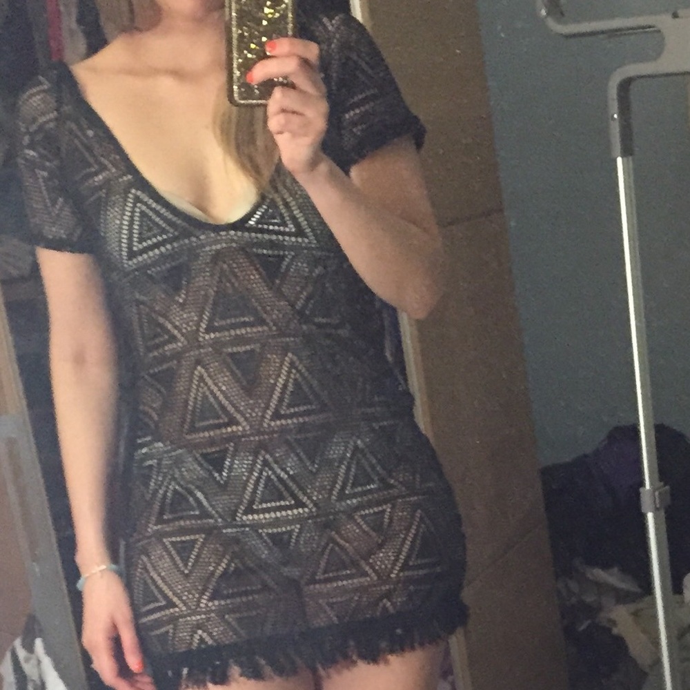 Cutout black cover up with fringe